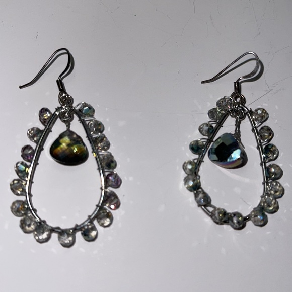Artisan Silver Tone Wire Wrapped Smoky Crystal Drop Hoop Earrings - Picture 3 of 7